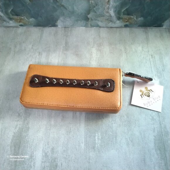 Vegan Ruby Blue Couture Autumn Colors Silver Studded Boho Zip-Around Wallet NWT - Picture 1 of 6